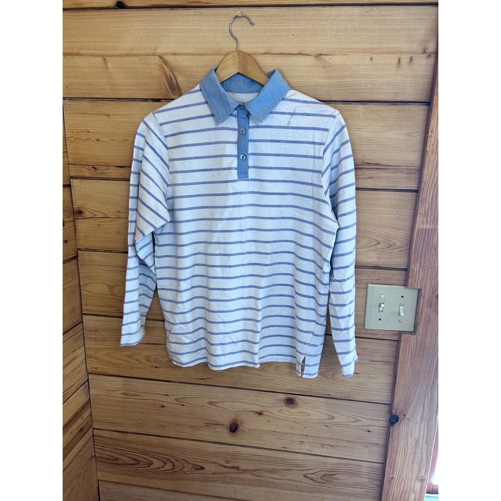 Marks & Spencer Striped Long Sleeve Polo Shirt White‎ Blue Chambray Collar UK 14